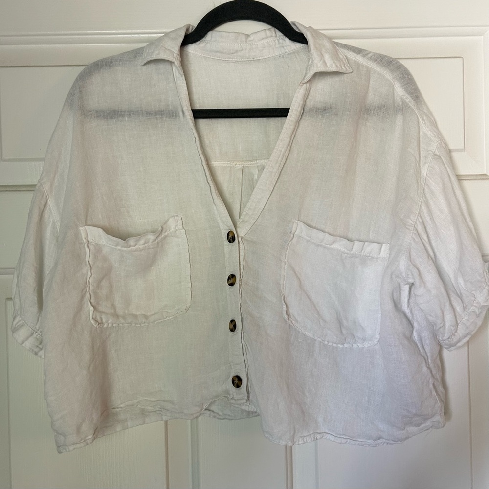 Zara 100% linen short sleeve cropped oversized White Button-Up Linen Top